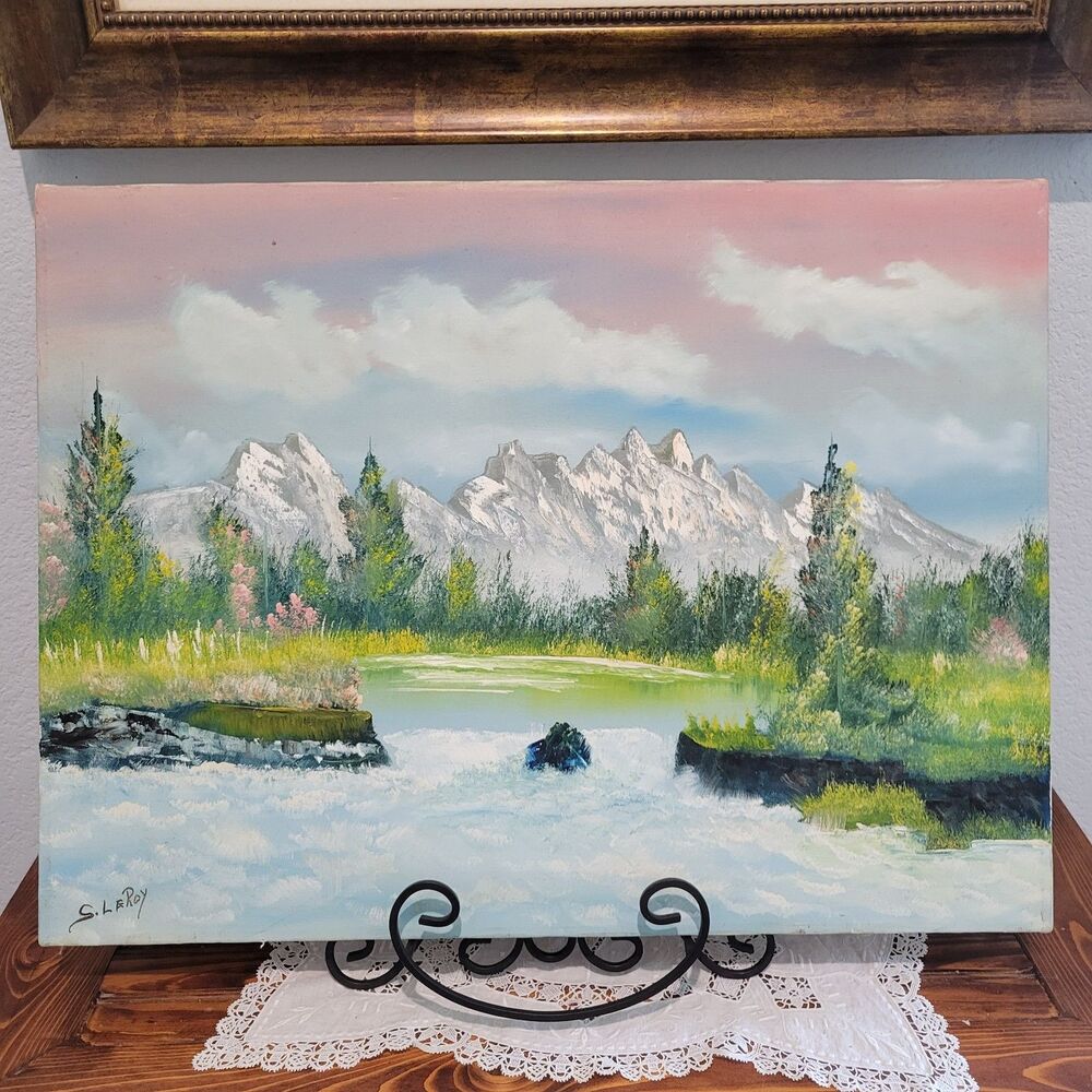 S. LeRoy Original Oil On Canvas River Landscape Painting Signed Unframed Trees